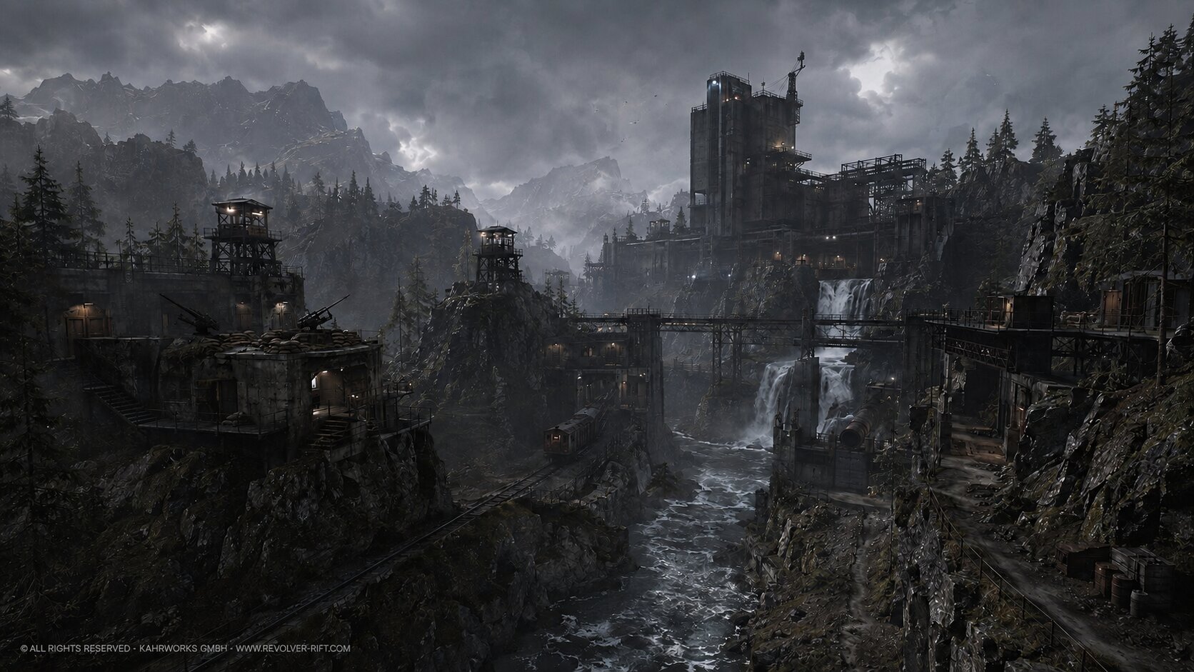 Overview of the highlands with towers, ravines and an industrial fortress