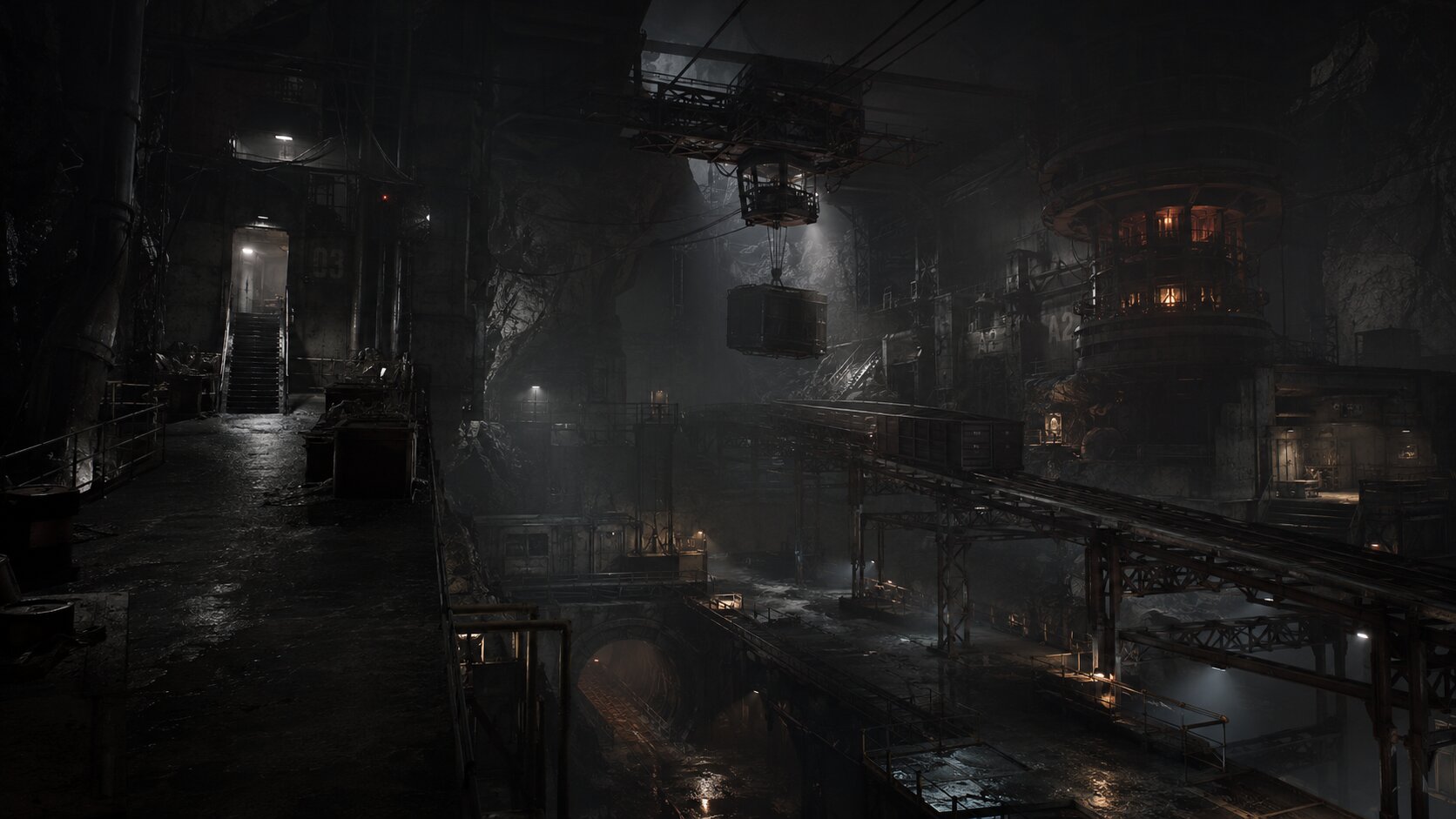 Underground factory with tracks and industrial installations