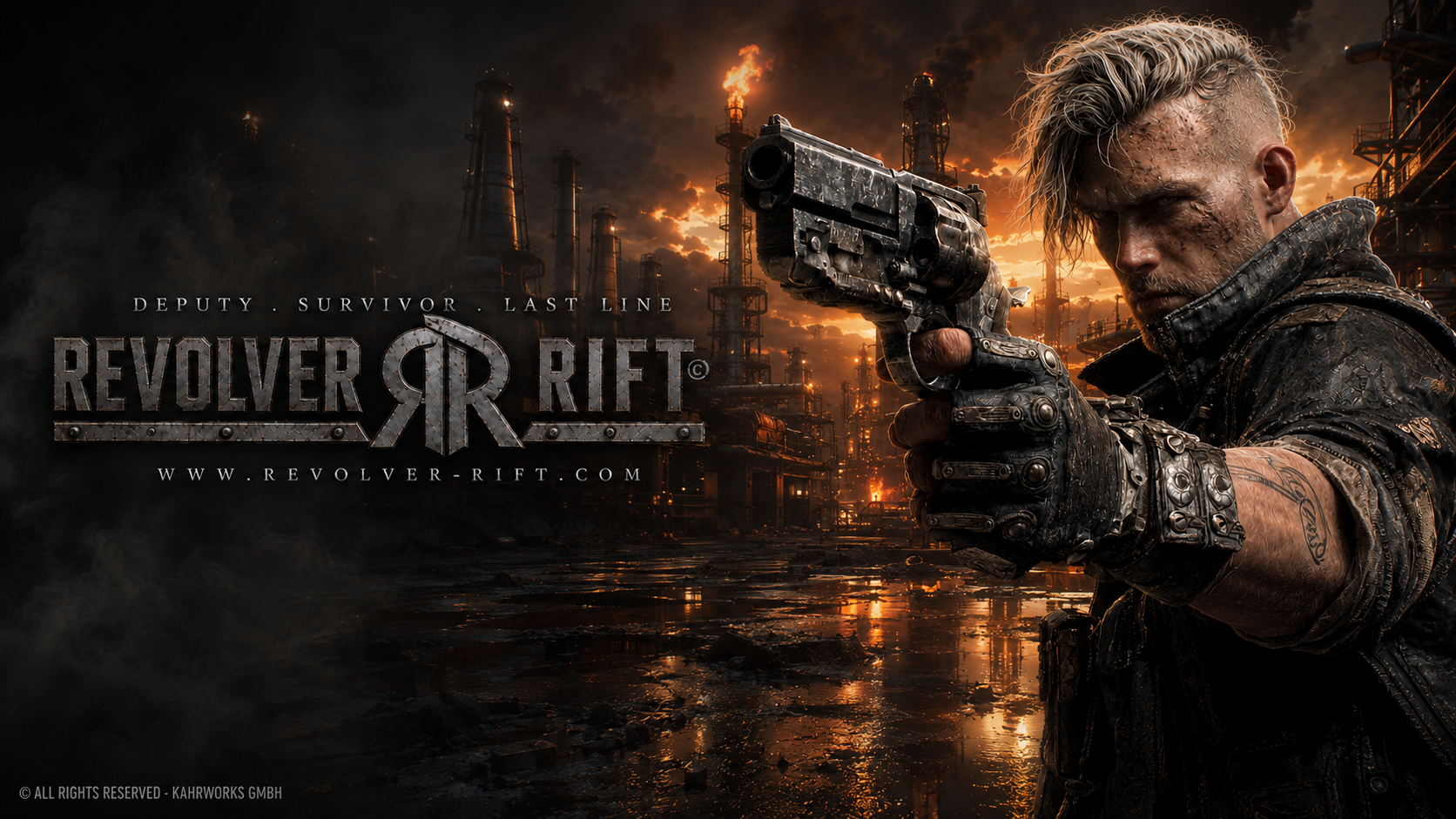 Revolver Rift header with two Deputies in front of a massive industrial complex and a zeppelin in the background